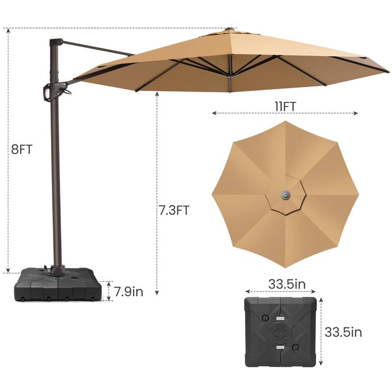Outdoor 11 Ft Patio Cantilever 360 Degree Rotation Offset Umbrella with Base