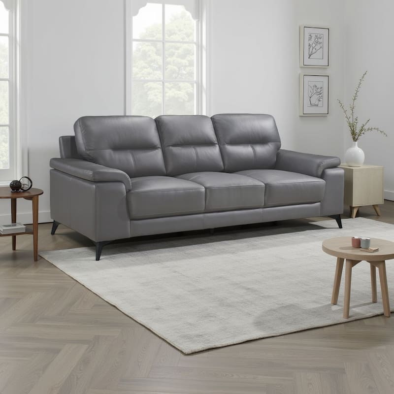 Mica Sofa, Dark Gray Top Grain Leather Foam Cushions, 89 Inch