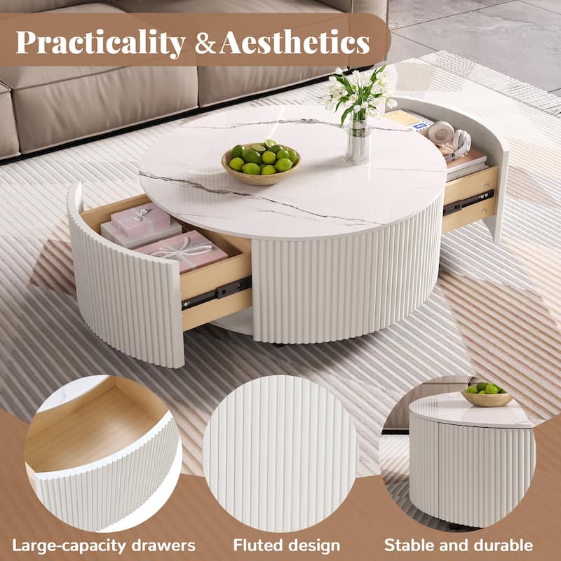 Modern Round Coffee Table with Casters, 2-Drawer Mobile Table with Marble Pattern Sintered Stone Top