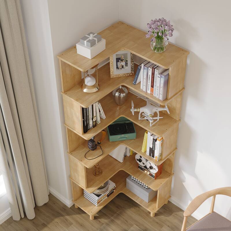 Tall Corner Bookshelf, 6-Tier Oak Storage Rack for Small Space