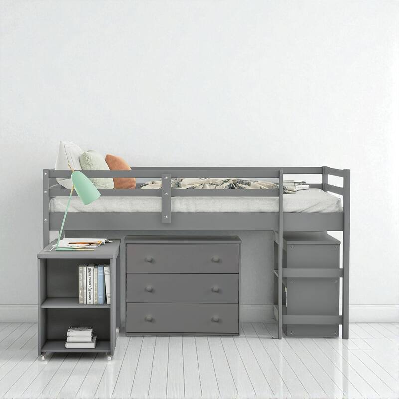 Twin/Full Size Low Loft Bed with Cabinet, Rolling Desk and Bookshelf, Solid Wood Frame for Kids