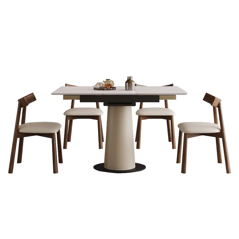 Retractable Rock Slab Dining Table Set, Modern 5-Piece Expandable Table with 4 Wooden Leg Chairs & Leather-Wrapped Base
