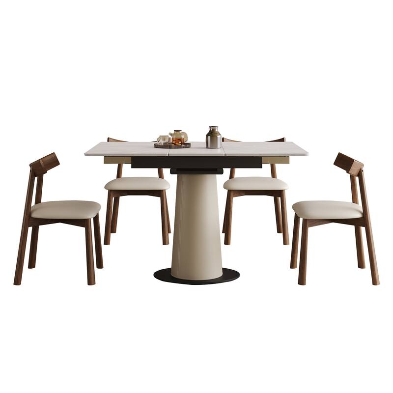 Roomfitters Retractable Rock Slab Dining Table Set, Modern Expandable Square Table with 6 Chairs, White