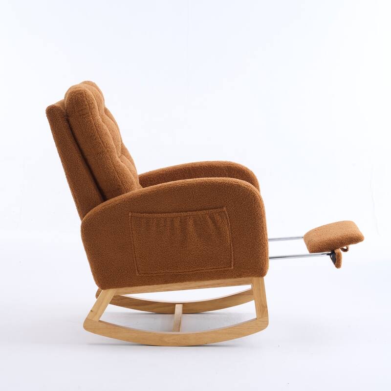 Accent Rocking Chair with Footrest & Storage Pocket, High-Back Rocker, Rubber Wood Lounge Chair