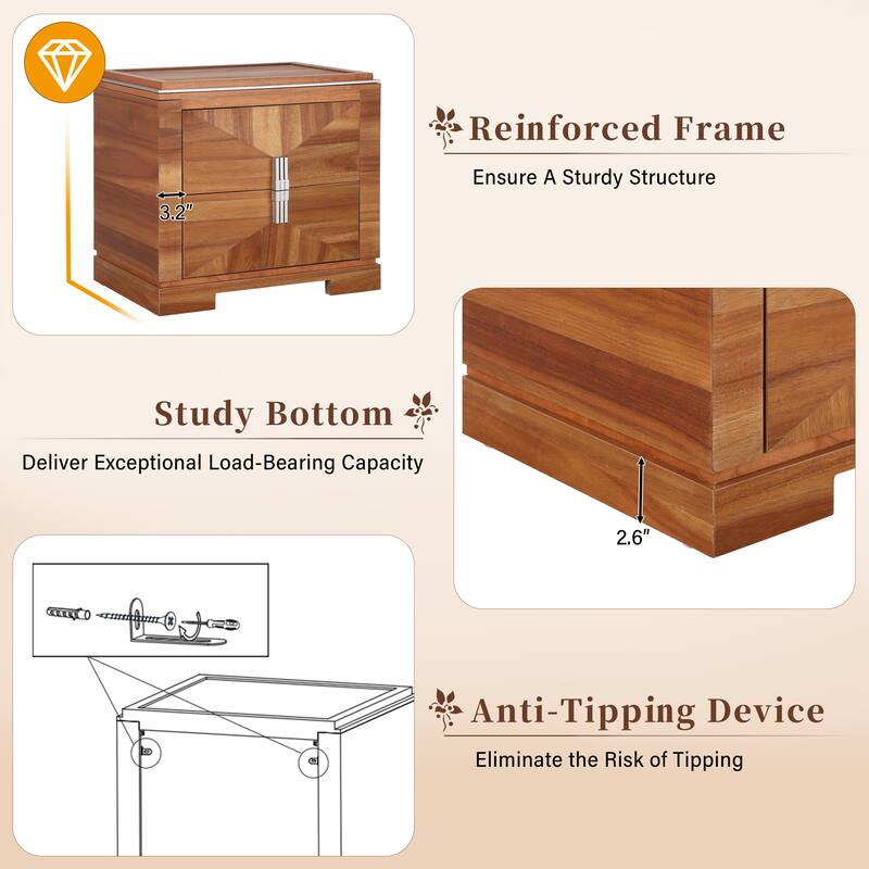 Mid-Century Modern Nightstand for Bedroom, 2 Drawers Sofa Side Table, Wooden Diamond Shaped Bedside Table