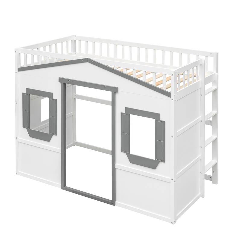 Modern Twin/Full Loft Bed with Ladder, Solid Pine Wood, Safety Guardrails