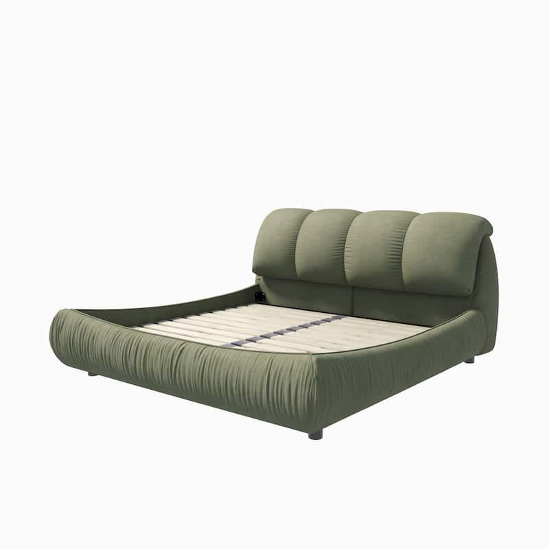 Queen Size Upholstered Platform Bed with Cushioned Headboard - Sturdy Solid Wood Frame.