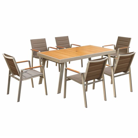 NOFI 7 Pieces Aluminum Outdoor Dining Set with Umbrella Hole Champagne by HIGOLD