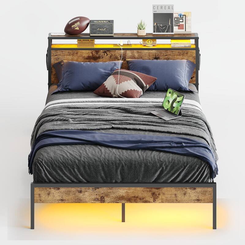 Metal Bed Frame Platform Bed with Storage Headboard LED Lights and Charging Station