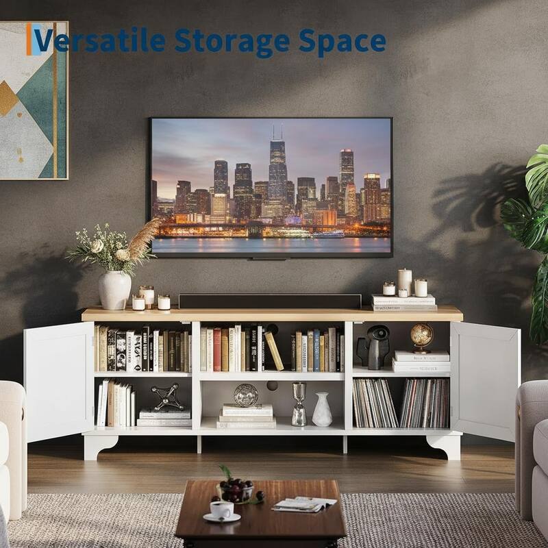 Boho TV Stand, with 2 Cabinets & Open Shelf