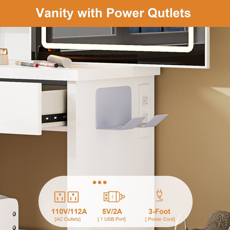 Makeup Vanity Desk with Sliding LED Mirror, 4 Drawers, 9 Storage Spaces & Stool