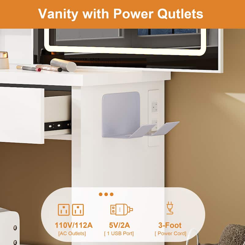 Vanity Desk Set with Sliding Lighted Mirror, Makeup Dressing Table