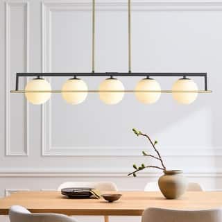 5-Light Modern Industrial Black and Gold Rectangular Pendant Light with Frosted Glass Shade