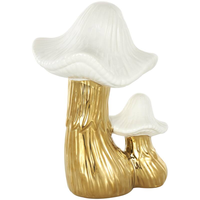Ceramic Mushroom Decorative Sculpture with White Tops and Textured Grooves - Gold or Silver - Roche River Decor