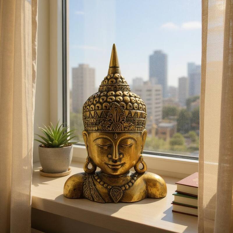 19" Gold Buddha Bust Hand Finished Decorative Sculpture, Zen Spiritual Home Accent