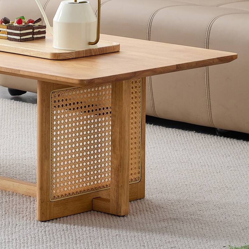 Roomfitters Rectangular Solid Wood Tea Table with Rattan Accents, Chinese Style Log-Inspired Coffee Table for Small Spaces