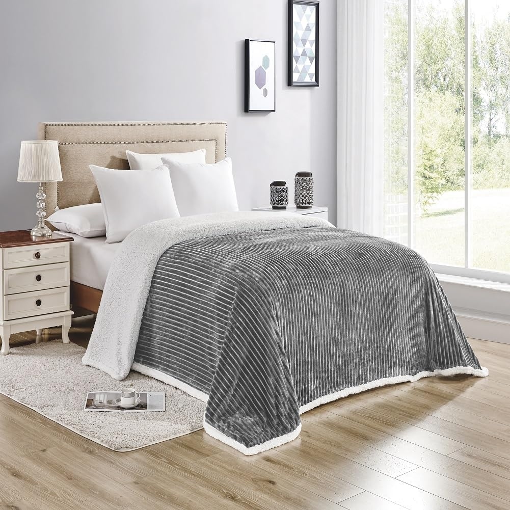 Decor More Ultra Lush King Size Reversible Sherpa Corduroy Blanket 108 x 90 Grey