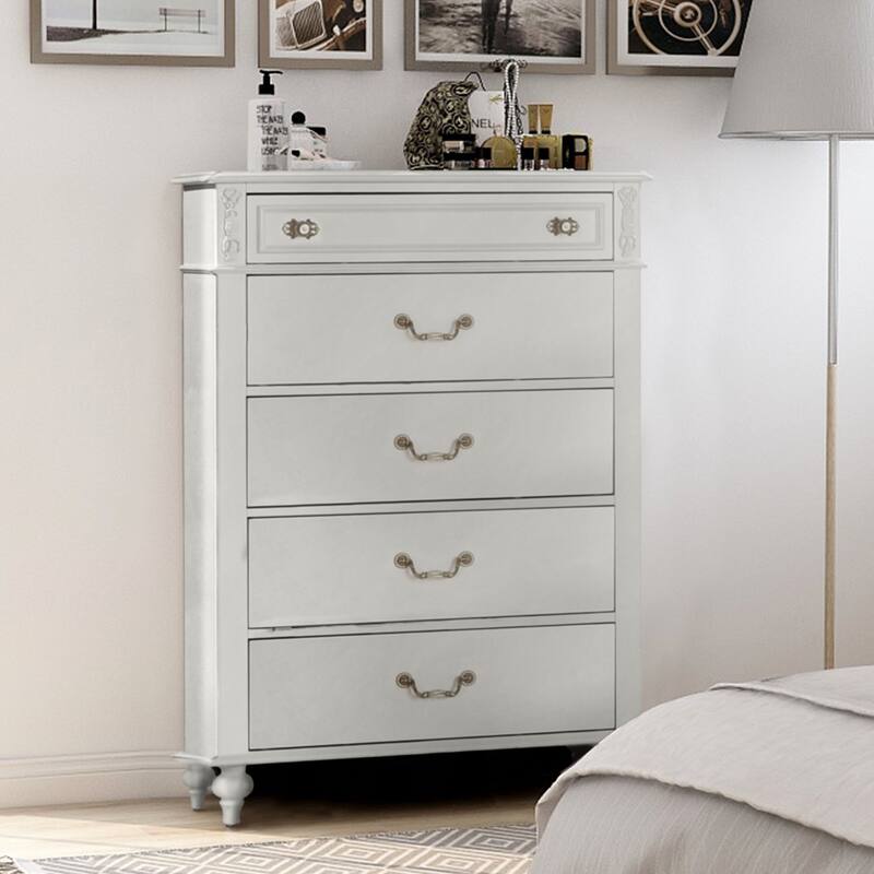 Pitella Traditional White Solid Wood 5-Drawer Chest by Furniture of America