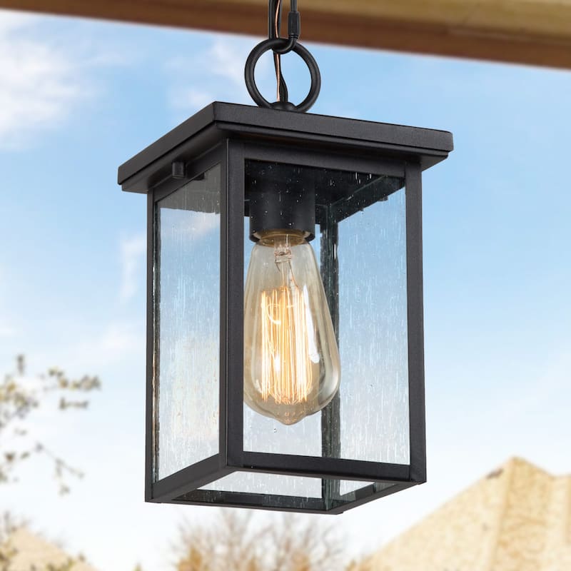 Bern Modern Industrial Matte-Black Outdoor Angular Ceiling Pendant with Seeded Glass - L 6"x W 6"x H 10.5"