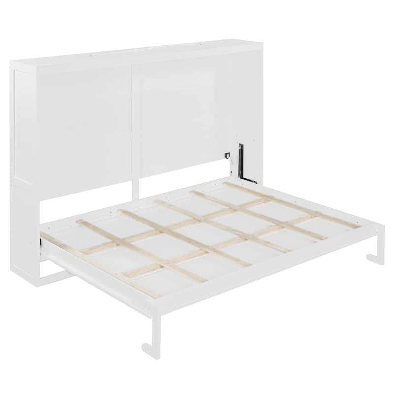 Queen Size Horizontal Murphy Bed Wooden Wall Platform Bed Frame with LED Lights