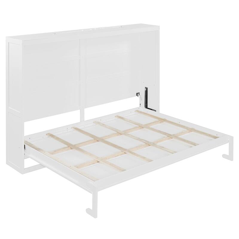 White Queen Murphy Bed with LED Lighting, Modern Wall Bed, No Box Spring Needed
