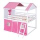 preview thumbnail 4 of 7, Full Size Bunk Bed Wood House Bed Kids Bed with Elegant Windows Sills and Tent, Pink+White