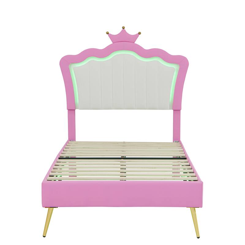 Twin Size Upholstered Princess Bed with Crown Headboard and LED Lights, Pink and White