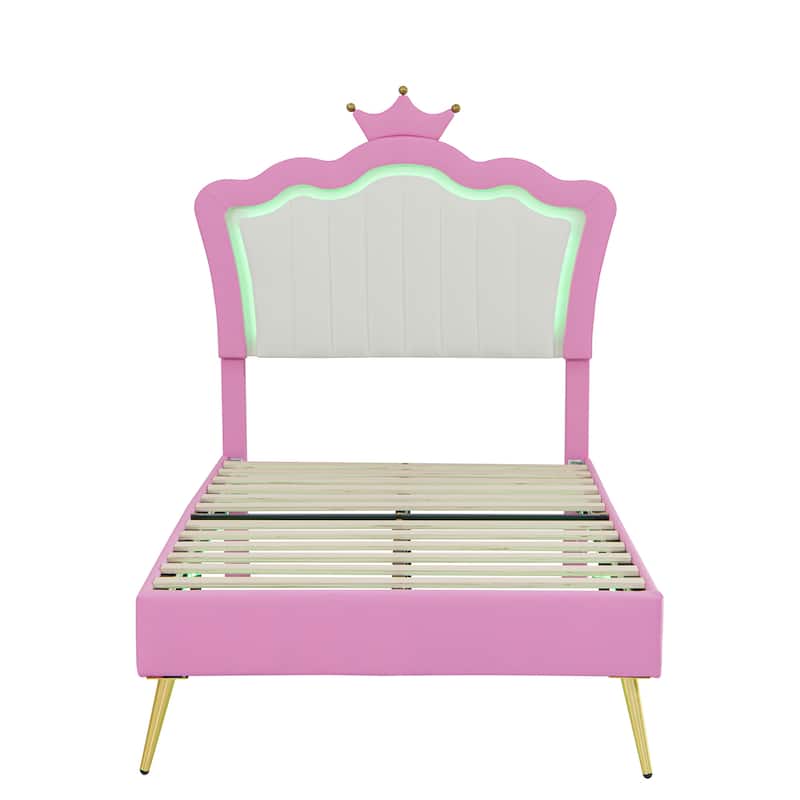 Upholstered Princess Bed Adjustable Platform Bed Frame with LED Lights