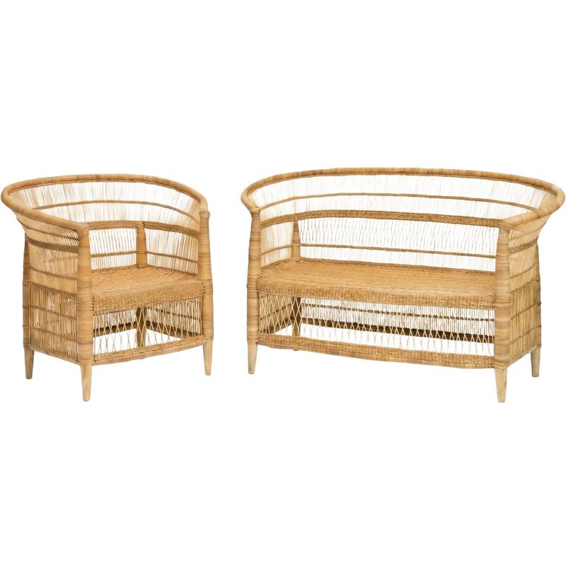 100% Handwoven Natural Rattan 2-Piece Indoor Seating Set with Chair and Loveseat, Solid Wood Frame, Boho Farmhouse