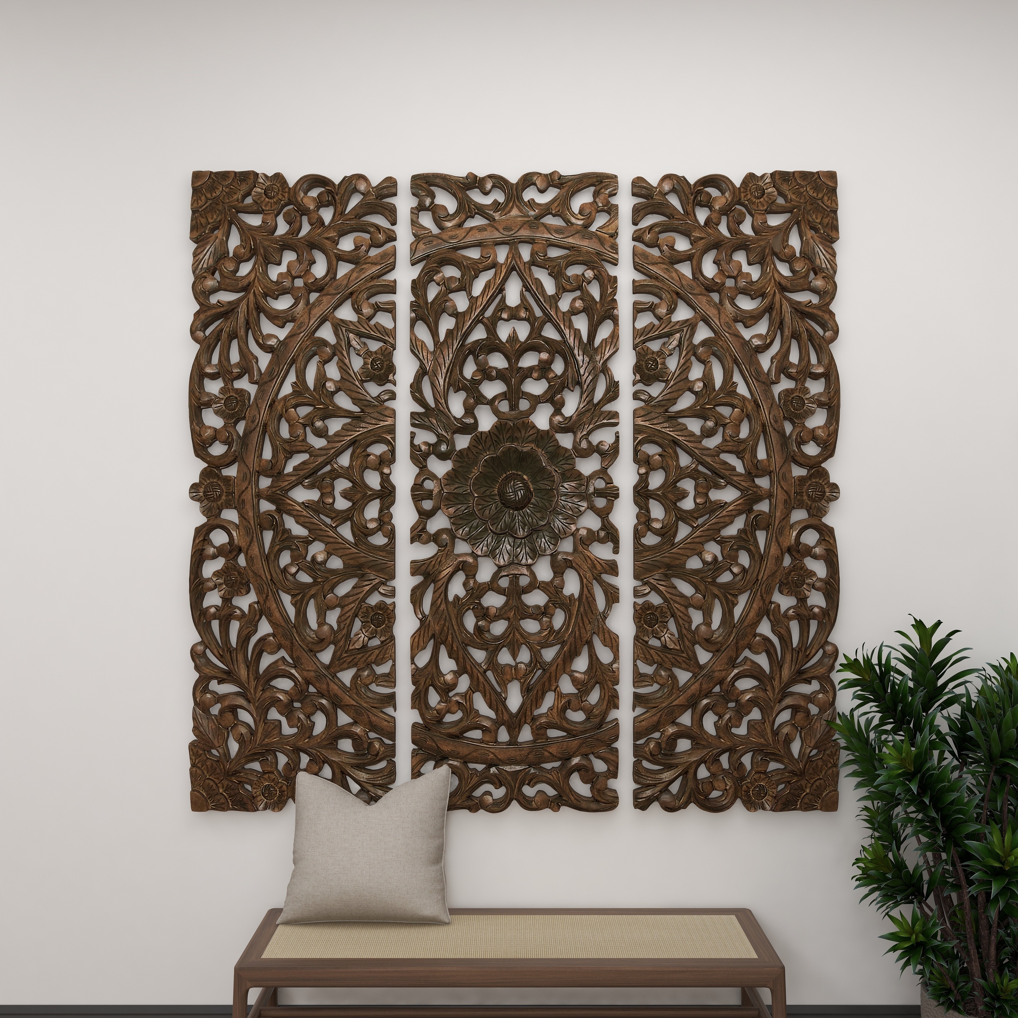 Gray or Brown Wooden Handmade Intricately Carved Floral Wall Decor with  Mandala Design (Set of 3) On Sale Bed Bath  Beyond 12179550