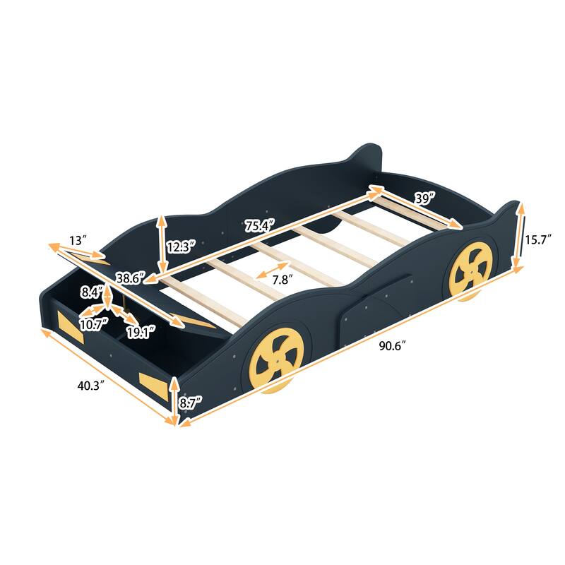 Twin Car Bed Frame, Wood Platform Bed with Wheels & Storage, Race Car
