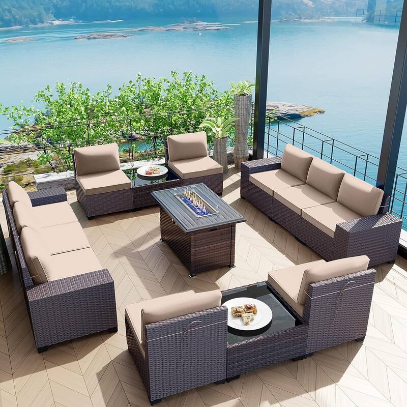 Delnavik 13 Pieces Outdoor Patio Furniture Set with Fire Pit Table w/ Wide Armrests - w/Rattan Firepit - Khaki