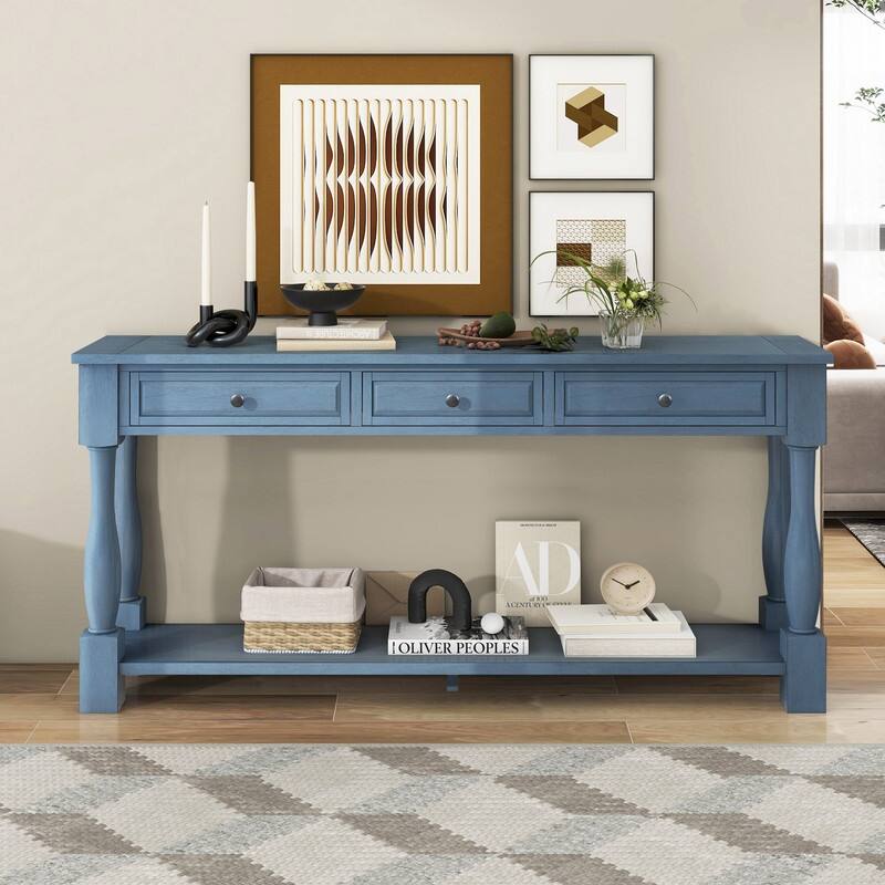 63"Long Console Table with 3 Drawers and Shelf for Entryway and Living Room in Mediterranean Design - Navy