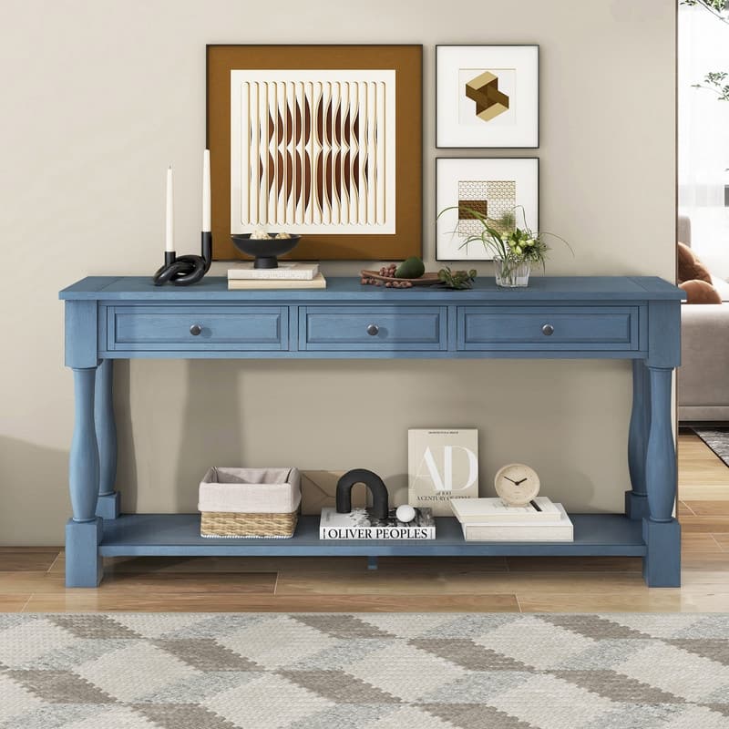 63"Long Console Table with 3 Drawers and Shelf for Entryway and Living Room in Mediterranean Design