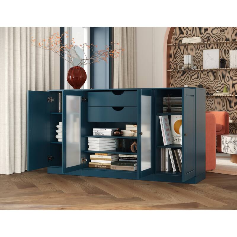 Palace Imports 100% Solid Wood 65" Sideboard with Solid, Frosted Glass Doors, 2-Drawers and Adjustable Shelves - Teal Blue