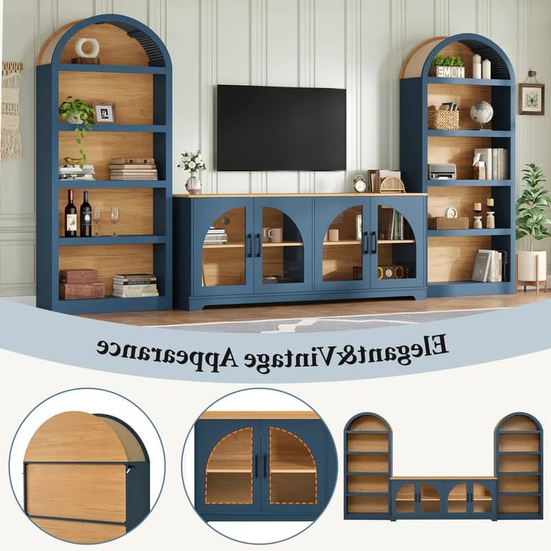 Farmhouse 3-Piece TV Stand Set for TVs Up to 70", Entertainment Center with Arched Sideboard and Glass Doors for Living Room