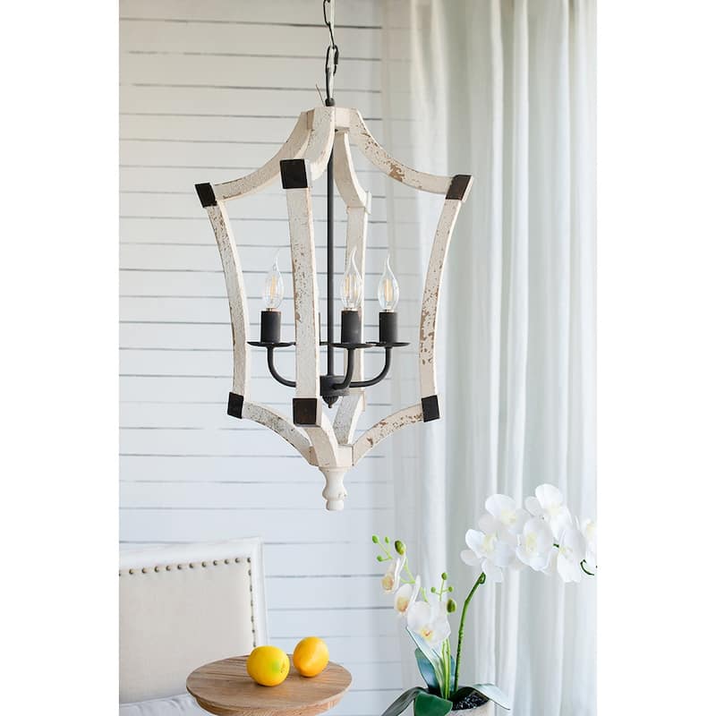 4 - Light Wood Chandelier, Hanging Light Fixture with Adjustable Chain for Kitchen Dining Room Foyer Entryway, Bulb Not Included - Cream