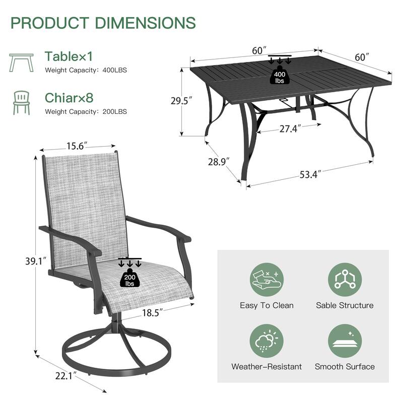 Patio Dining Set w Textilene / Swivel Rocking Chairs, Outdoor Table & Chairs w Adjustable Umbrella Hole, 5/7/9-Piece Garden Set