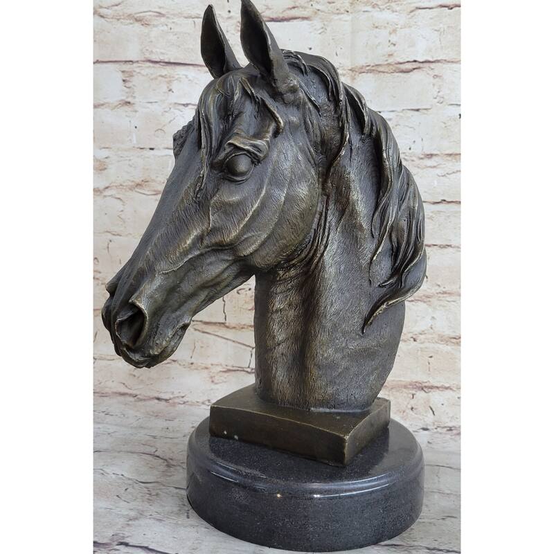 Signed Barye Unique Bronze Bust Horse Head Sculpture Marble Base Statue Figure