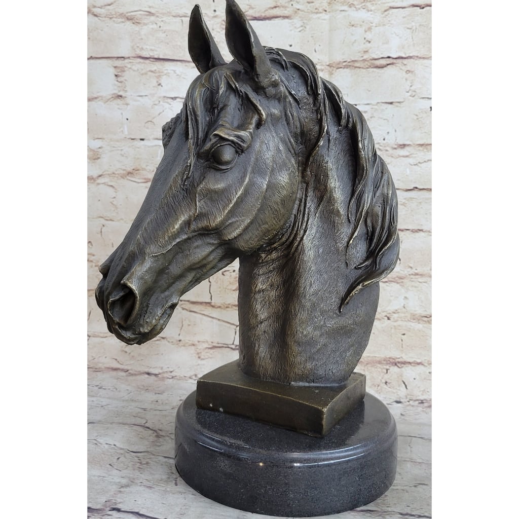 Signed Barye Unique Bronze Bust Horse Head Sculpture Marble Base Statue Figure