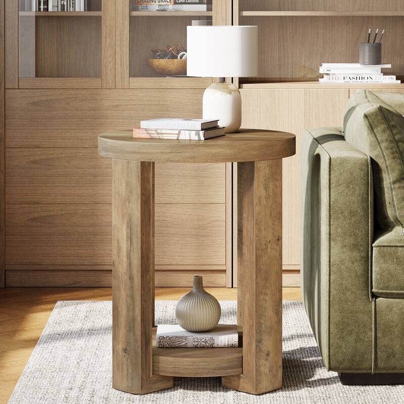 Round End,Side Table with Lower Shelf, Bedside Accent Furniture