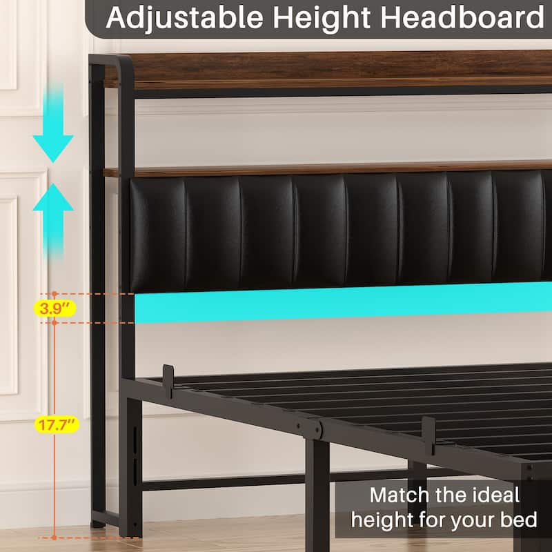Platform Bed Frame with Upholstered Storage Headboard, Full/ Queen/ King Beds with Charge Station and LED Lights