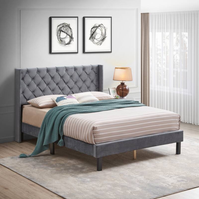 Velvet Button Tufted-Upholstered Bed with Wings Design, Gray, Queen Size - Grey