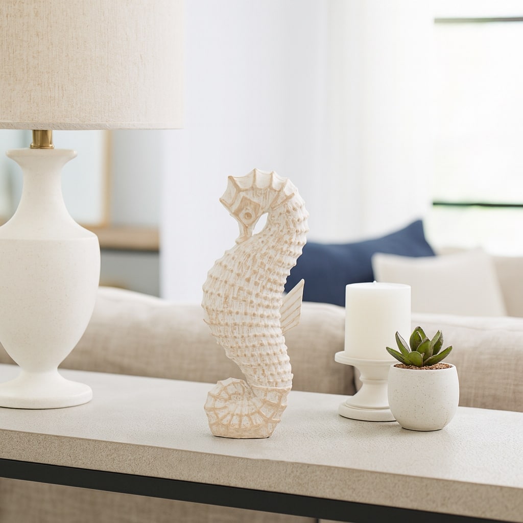 Decorative Resin Seahorse Sculpture Figurine - 12", White & Brown - 12.0"