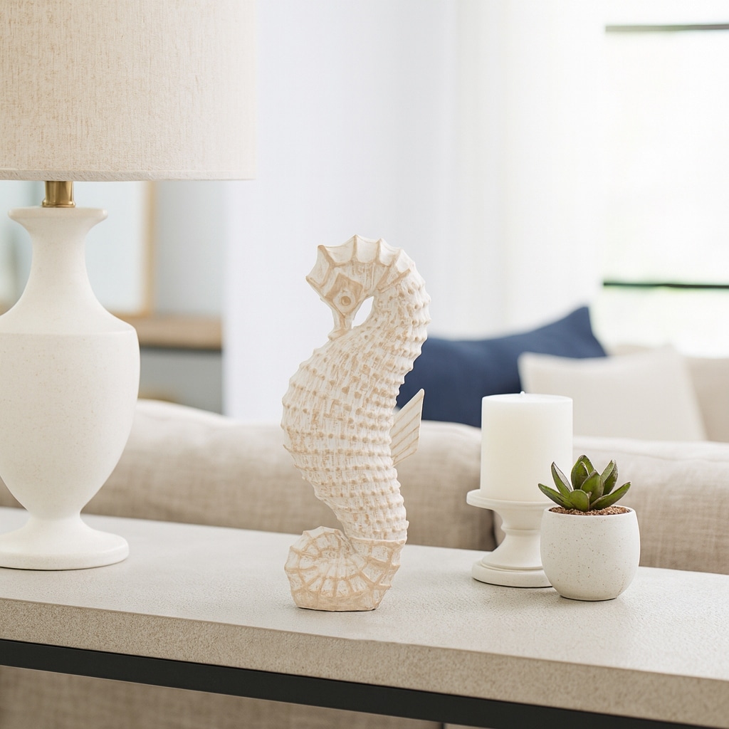 Decorative Resin Seahorse Sculpture Figurine - 12", White & Brown - 12.0"
