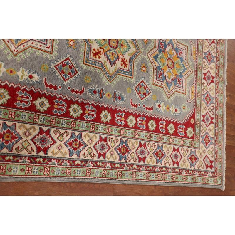 Gray Geometric Kazak Rug Hand-Knotted Oriental Wool Carpet - 5'1" x 6'9"