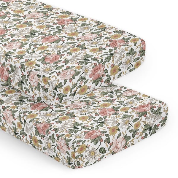 slide 2 of 6, Sweet Jojo Designs Vintage Floral Boho Girl 2p Fitted Crib Sheets Bohemian Shabby Chic Farmhouse Wildflower Leaf Green White