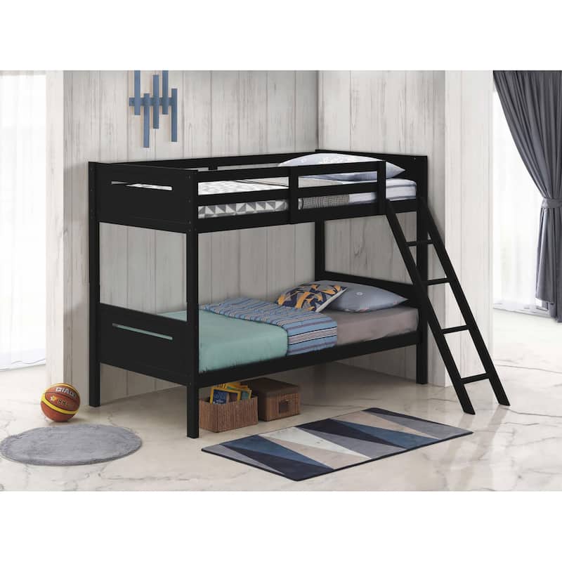 Modern Black Twin/Twin Bunk Bed with Built-in Ladder & Safety Guardrails - Black