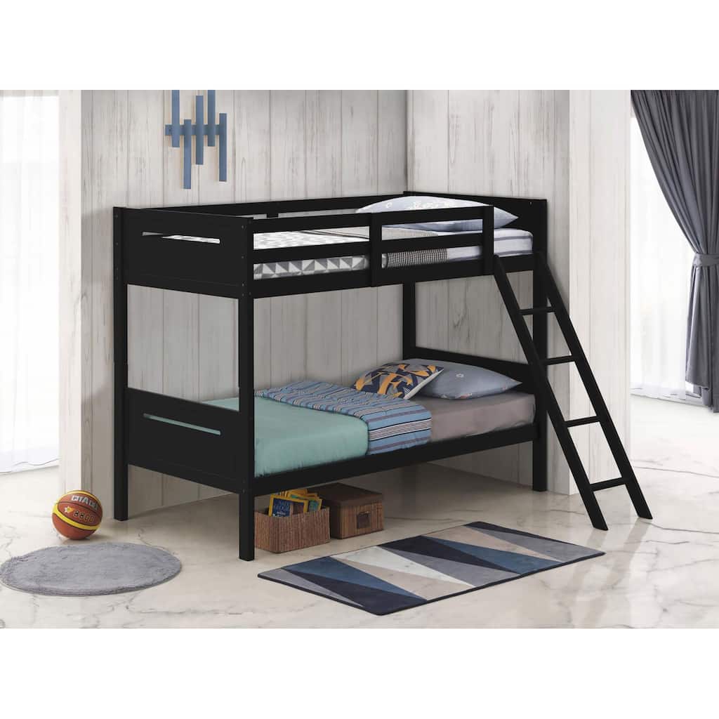 Modern Black Twin/Twin Bunk Bed with Built-in Ladder & Safety Guardrails