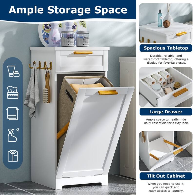 VECELO Tilt Out Laundry Hamper Cabinet with Laundry Baskets Hamper Bathroom Storage Cabinet Laundry Cabinet with Drawer